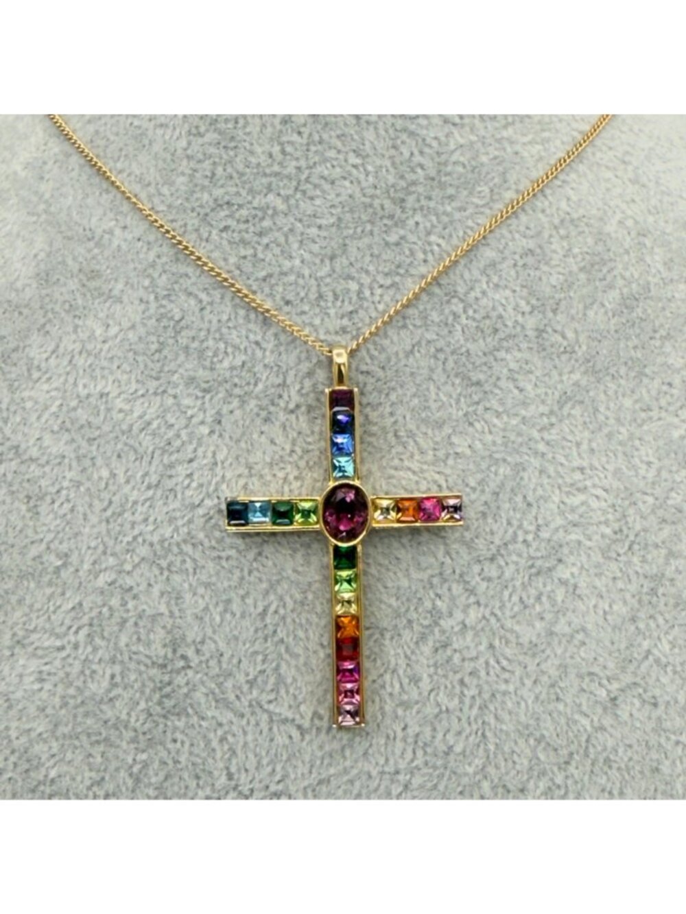 Vintage P S Co 1998 Gold Tone Multicolor Crystal Cross Pendant Necklace Rainbow - Picture 14 of 15